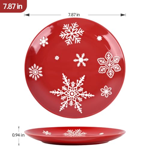 Ollieroo 4-Piece 7.8in Red Snowflake Christmas Salad Plates Set – Microwave & Dishwasher Safe