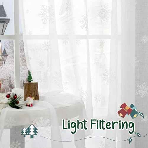 BGment Christmas Curtains for Living Room 84 Inches Long 2 Panels - Snowflake Linen Look Sheer White Curtains Rod Pocket Window Drapes for Bedroom Xmas Holiday Decoration, Each Panel 52 x 84 Inch