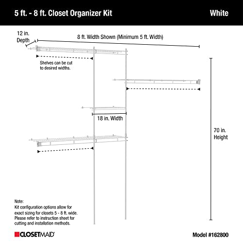 Wire Closet Organizer System - Adjustable 5 to 8 Ft. with Shelves, Hardware, No Shoe Rack - White