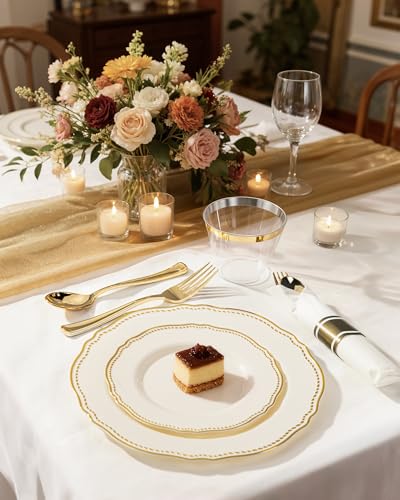Hioasis Ivory Gold Disposable Plastic Plates Set for Wedding & Party – 350 pcs, 50 Guests, 10-inch & 7-inch Dinner & Dessert Plates