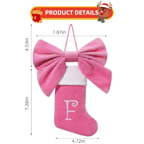Siriphum Mini Pink Velvet Christmas Stocking with Embroidered Monogram & Bow - Pink/H