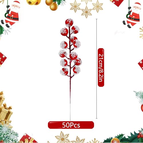 50 Pack Christmas Snowy Red Berry Stems for Tree Decorations - 8 Inch Artificial Holly Branches & Fillers by Zhmiyiqijiay