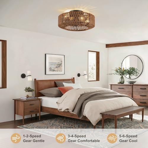 Dark Brown Rattan Ceiling Fan with Lights and Remote Control - Boho Fandelier 18 Inch
