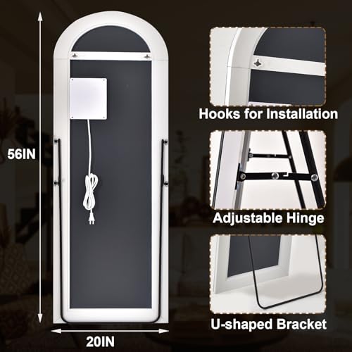 GLSLAND 20x56 Inch Arched LED Lighted Floor Mirror - Full Length, Dimmable, Wall or Floor Mount