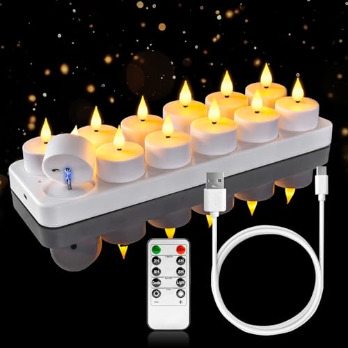 Rechargeable Tea Light Candles with Remote & Timer - Warm White, 12 Pack