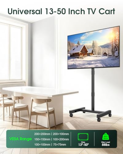 Black Mobile Rolling TV Stand for 13-50 Inch Screens, VESA Mount