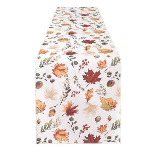 OWENIE Fall Table Runner for Kitchen Dining Table, Thanksgiving Autumn Printed Harvest Pumpkins Maple Leaves Textured Fabric Halloween Holiday Home Decorations, Water-Proof, Washable, 13" W x 36" L