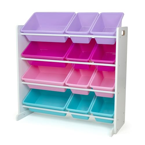 Kids Toy Organizer with 12 Bins - Tall White/Pink/Purple/Turquoise Storage Shelf