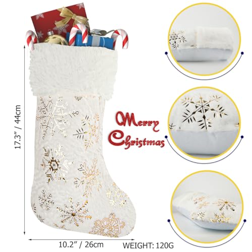 2 Large Christmas Stockings 17 x 10 Inches, Christmas Fireplace Hanging Stockings, Faux Fur Christmas Stockings Plush Velvet, Fireplace Stockings with Embroidered Golden Snowflake for Christmas Decor