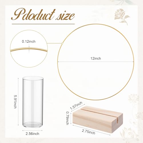 Leinuosen 12-Inch Table Centerpiece Set – 12 Gold Metal Wreath Rings with Glass Candle Holders and Wooden Stands