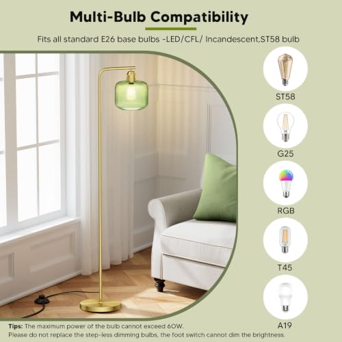 Green Ribbed Glass Floor Lamp - 66-Inch Tall Standing Lamp for Living Room - Gold Finish - Anti-Tip Base & Smart Foot Switch