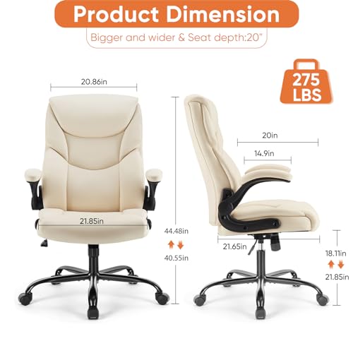 Beige Home Office Desk Chair High Back PU Leather Ergonomic Executive Chair with Flip-up Armrests