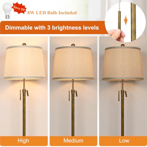 Antique Brass Adjustable Floor Lamp with Beige Shade - 55 to 65 Inches Tall, 3 Brightness Levels