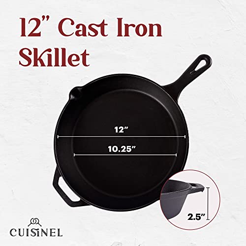 Cuisinel 12-Inch Cast Iron Skillet with Lid - Pre-Seasoned Frying Pan & Glass Cover