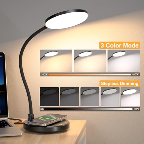 Wireless Charging Desk Lamp - Black, 800LM, CRI95+, Touch Dimming & 10W QI Charger