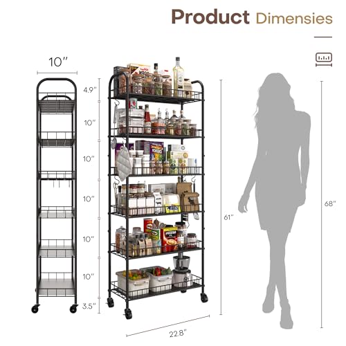 10-Inch Deep 6-Tier Slim Mobile Storage Cart with Wheels for Narrow Spaces
