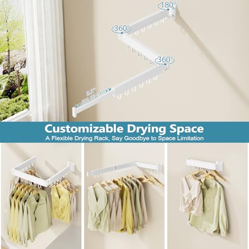 JAUREE Wall Mounted Clothes Drying Rack White - Space-Saving & Foldable Laundry Organizer with 18 Hooks