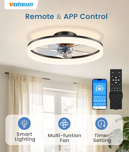 Black 20in VOLISUN Low Profile Ceiling Fan with Lights & Remote