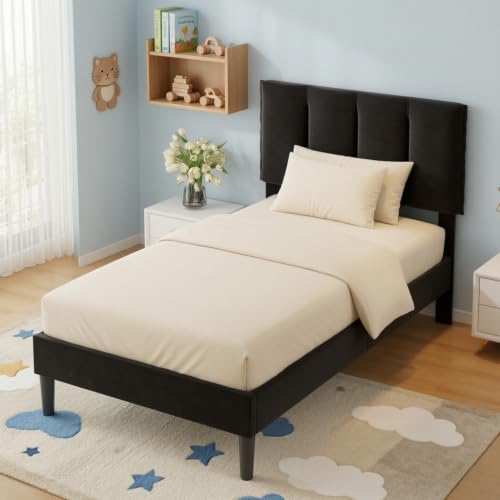 VECELO Twin Size Bed Frame with Upholstered Headboard - Black, 2-Black