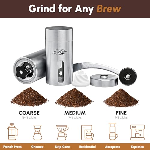 Manual Stainless Steel Coffee Grinder with 18 Adjustable Conical Burrs for Travel & Camping