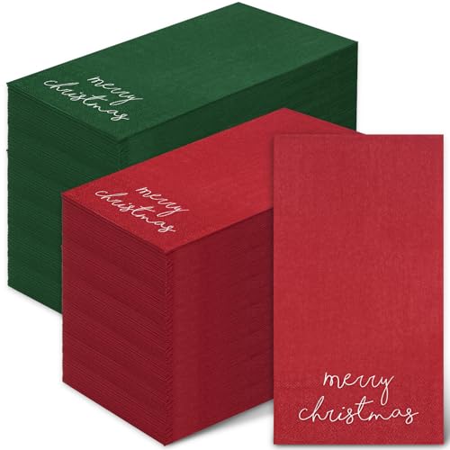 Whaline 200 Pcs Christmas Guest Napkins Red & Green Merry Christmas Paper Napkins - Disposable Xmas Guest Hand Napkins