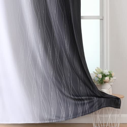 Black and Greyish White Ombre Blackout Curtains for Bedroom 52x84 Inch - Pack of 2 - Modern Wavy Line Design