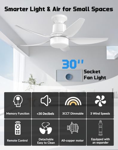 30-Inch Ceiling Fan with Light and Remote, Dimmable LED, Quiet Energy-Saving Motor