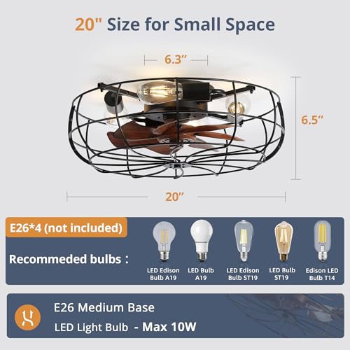 20-Inch Black Caged Farmhouse Ceiling Fan with Lights & Remote Control