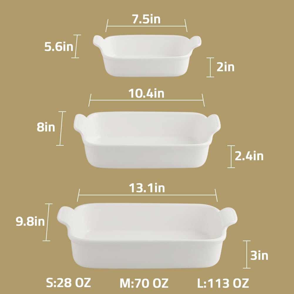 Sweejar Baking Pans Set - Durable Ceramic 9x13 Baking Dish with Handle | 3-Piece Casserole Bakeware Set (White)