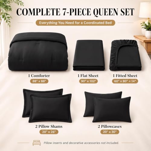 CozyLux Queen Comforter Set Black 7-Piece Bed in a Bag - All Season Microfiber Bedding