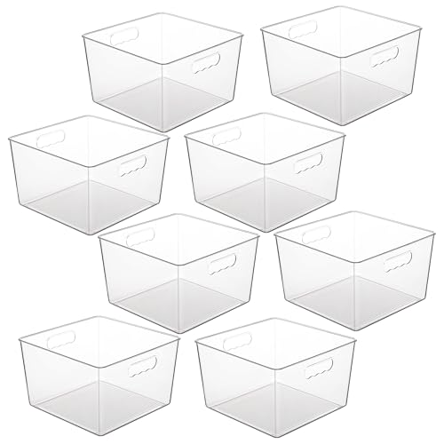 11x11 Inch Clear Plastic Storage Bins - 8 Pack Cube Organizer with Handles