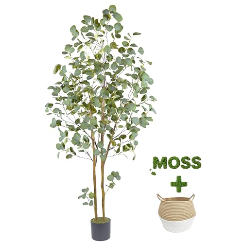 Eucalyptus Artificial Tree 6ft Tall with Basket - Faux Plants for Indoor & Outdoor Decor