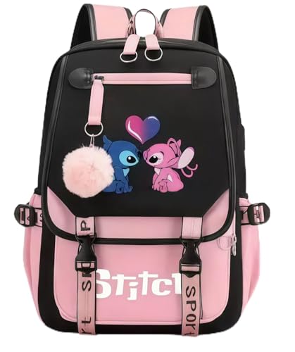 Kids Stitch School Backpack Rainbow Pink Kid Bookbag with Laptop Divider - Variation of Stitch-2