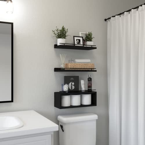 WOPITUES Black Floating Wall Shelves with Cube Shelf and Metal Rail - Over Toilet Bathroom Storage 15.7 inch