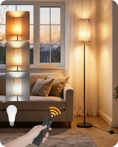 Dimmable Floor Lamp with Remote & Foot Switch - Black & Beige, 64.2 Inch Modern Corner Standing Lamp with 10W Bulb