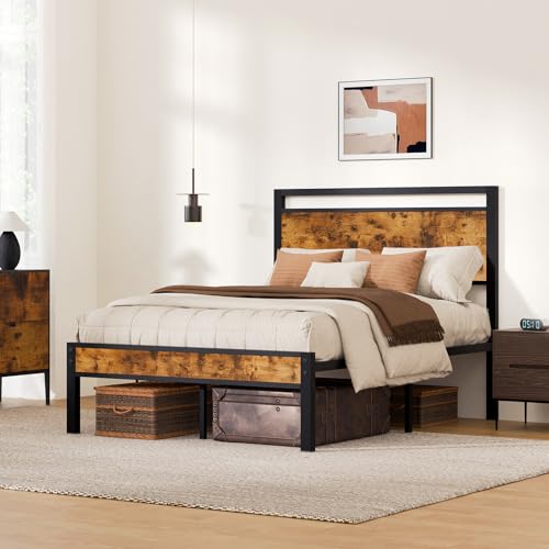 Z-hom Upgraded Full Size Bed Frame with Wooden Headboard & Footboard - Vintage Brown