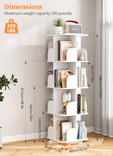 White Rotating Bookshelf Tower, 4-Tier Spinning Corner Bookcase for Small Spaces