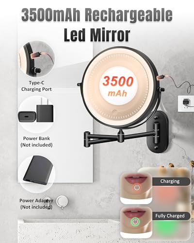VPU 8 Inch Wall Mounted Magnifying Makeup Mirror with Light - Black (30X/1X, Rechargeable, Dimmable, Dual-Sided)