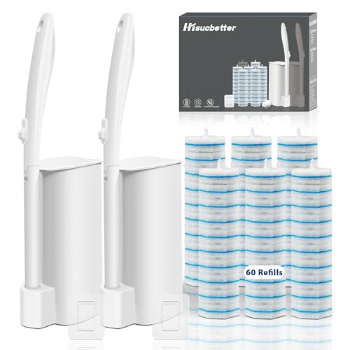 2 Pack Disposable Toilet Brush with 60 Refills, Wall Mount & Holder Kit, Bathroom Cleaning Supplies