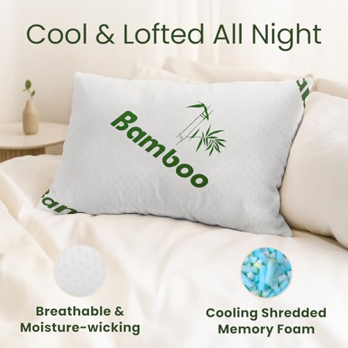 Sleepavo Queen Firm Memory Foam Pillow Set of 2 - Cooling Shredded Bed Pillows for Sleep, Back, Side & Stomach Sleepers, Rayon from Bamboo, 28x17x8