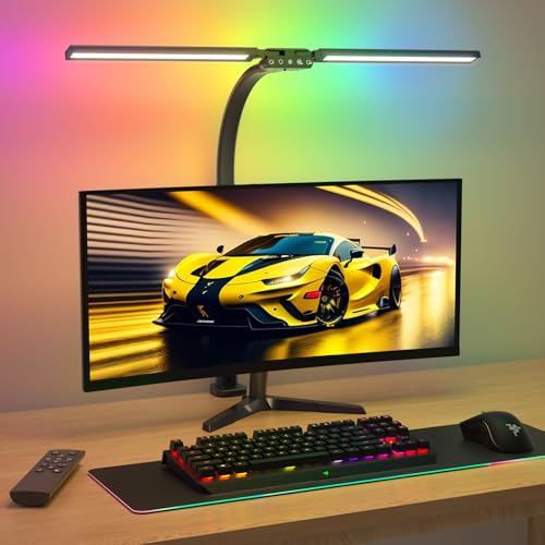 LED Desk Lamp with RGB, Remote Control, Dimmable & Rotatable Double Head - Black 22W