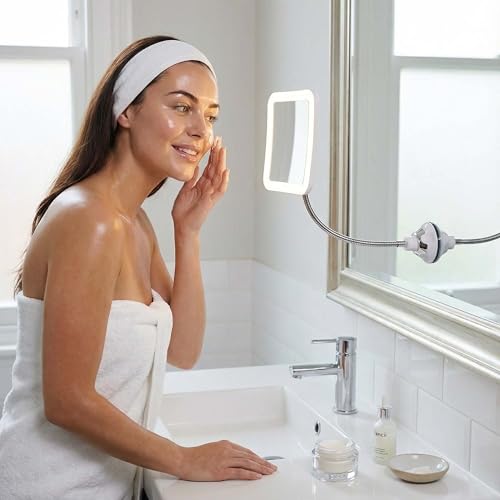 Rechargeable 10x Magnifying Makeup Mirror with LED Lights, Flexible Gooseneck & Suction Mount