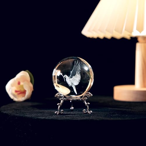 Pigeon 3D Inner Carving Crystal Ball Paperweight with Silver Stand – Keepsake for Christmas & Anniversary