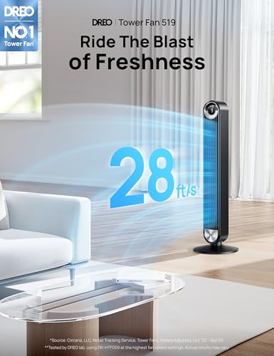 DREO Black Tower Fan with 28ft/s Velocity, 9 Speeds for Bedroom