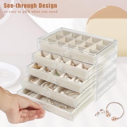 GUOER Acrylic Earring Organizer Jewelry Box 5 Drawers Warm White