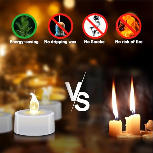 LED Tea Lights - 12 Pack Flameless Battery Operated Candles, 200+ Hours Flickering Warm White, Realistic Fake Tealights for Weddings, Home Decor, Parties, and Sweetest Day