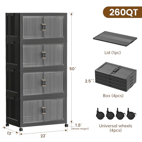 SAILUN 260Qt Stackable Storage Bins,Storage Cabinet with a Lid,4 Pack