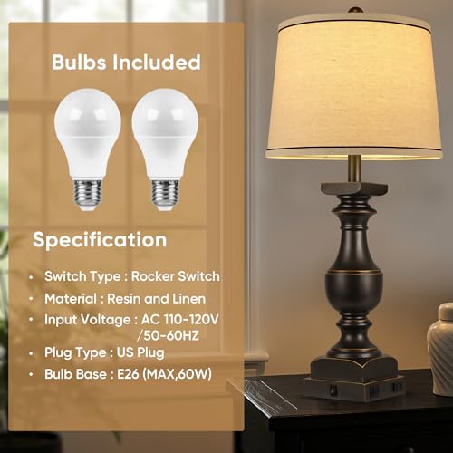 28'' Black Gold Resin Table Lamp Set of 2,Nightstand with USB Port