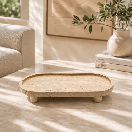 Natural Travertine Bathroom Vanity Tray with Raised Legs and Non-Slip Feet