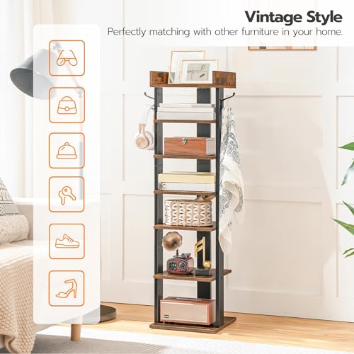 HOOBRO Rustic Brown 7-Tier Vertical Shoe Rack with Hooks, Space-Saving Entryway Organizer 11"L x 11"W x 41.3"H